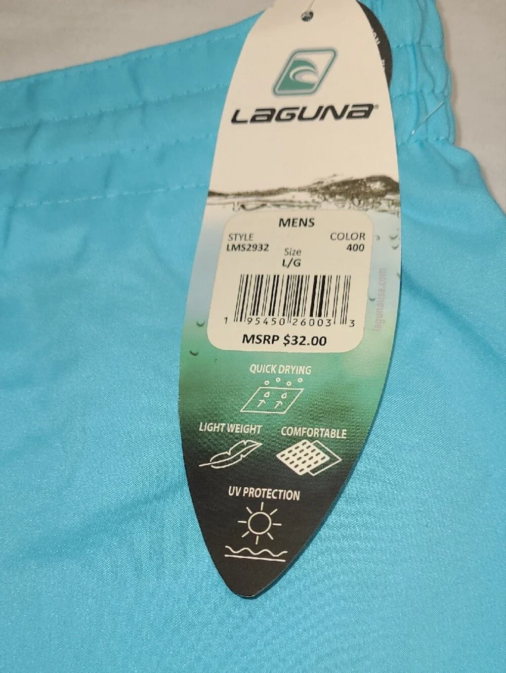 NWT Laguna Men's Aquamarine Swim Trunks Board Shorts w/Drawstring elastic waist